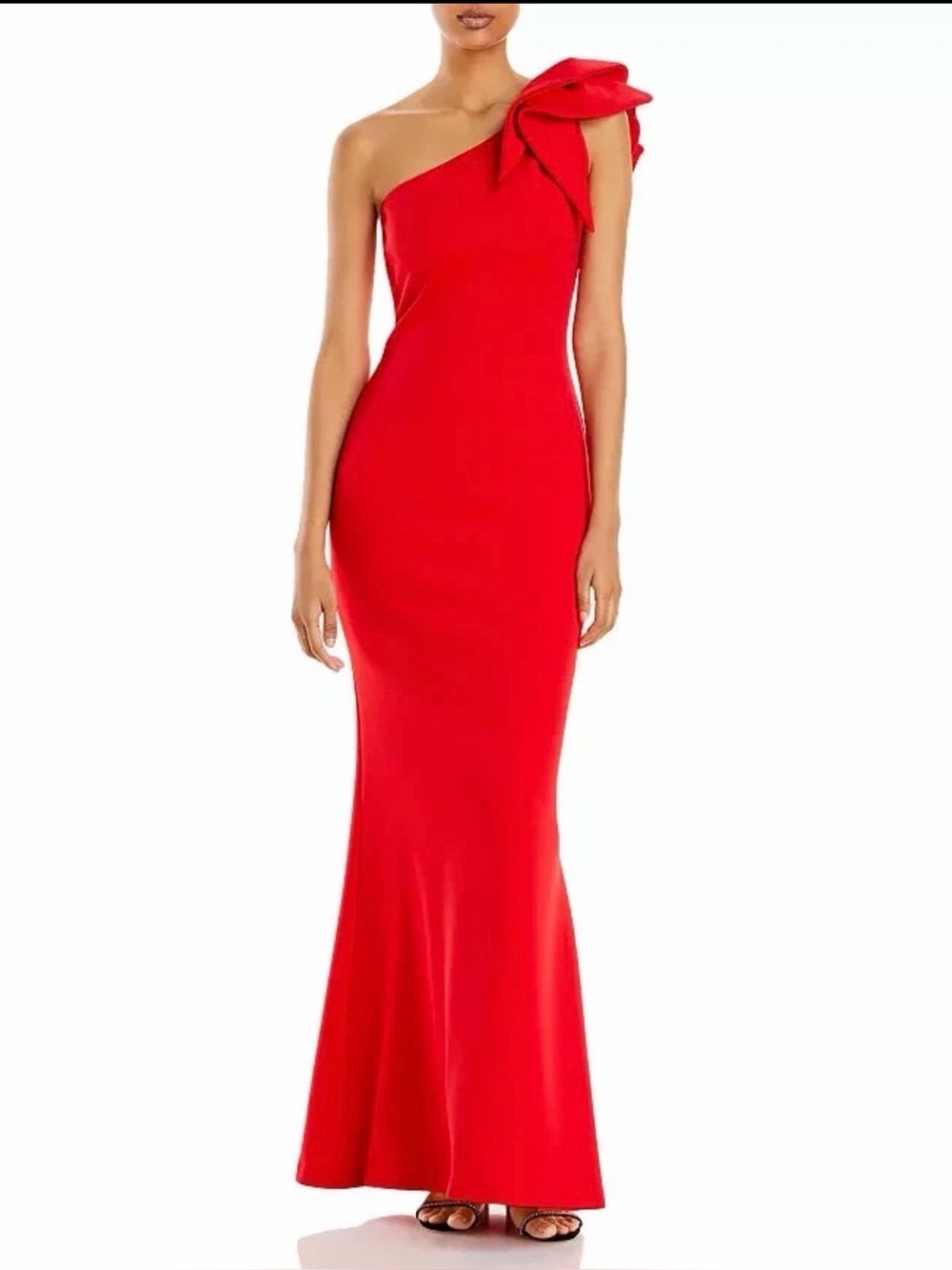 Like new Betsy & Adam One Shoulder Scuba Crepe Mermaid Gown red Ruffle Size 6